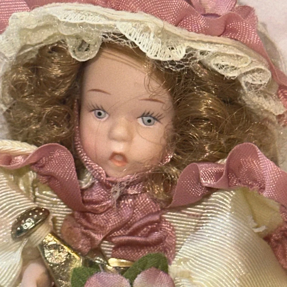 Vintage Porcelain Bisque Doll Ornament Victorian Style Pink Cream Lace Ruffles